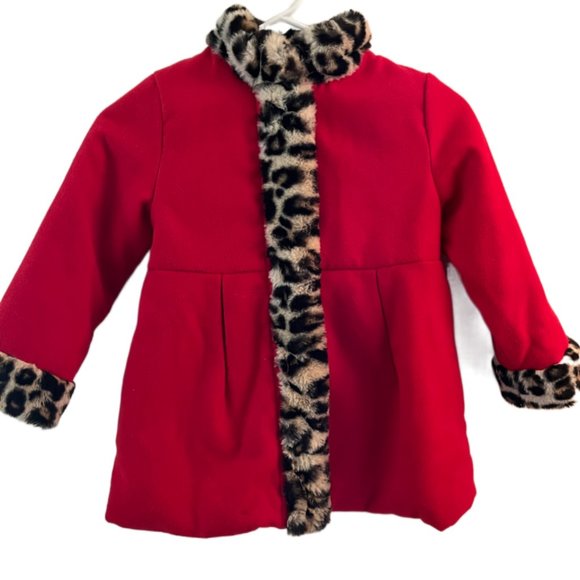 London Fog Girls Red and Faux Leopard Fur Coat. Size 5/6 - Picture 2 of 6